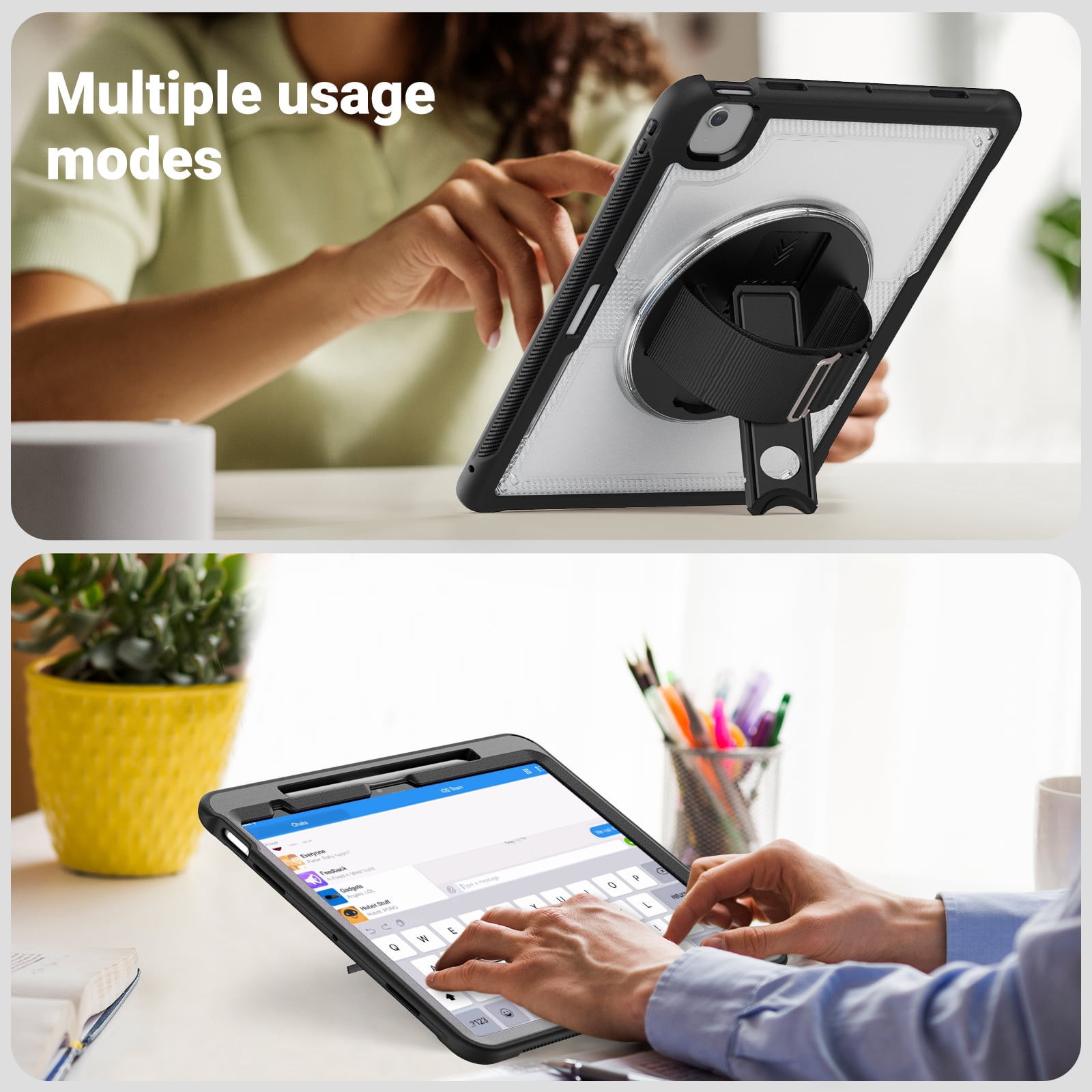 ELEHOLD Case for Apple iPad Air 13 (2024),Soft TPU Rugged Durable Case with 360° Rotating Hand Strap & Foldable Hidden Stand & Pencil Holder,Clear