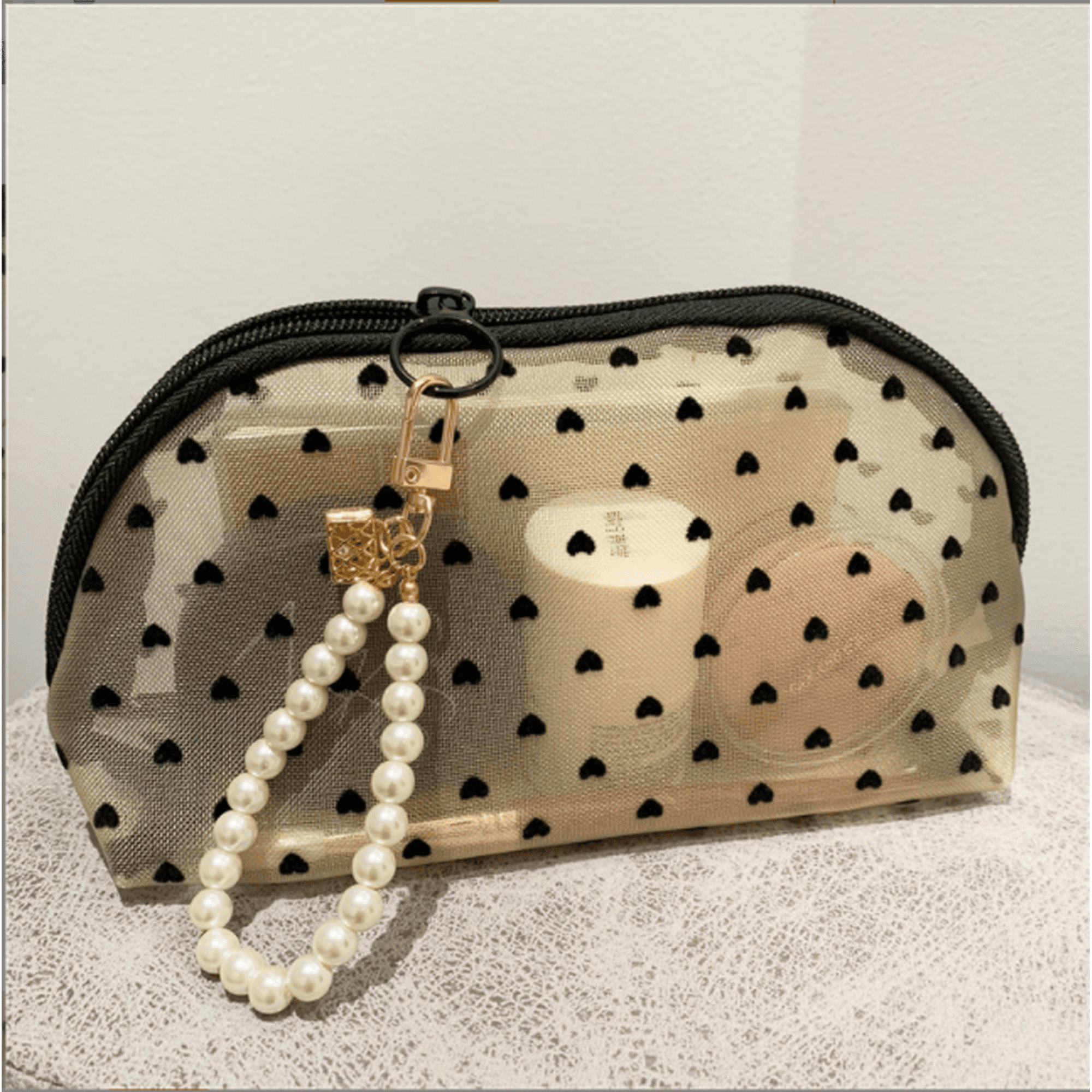 Xcgwst Small Makeup Bag Make Up Bags With Zipper Cute Makeup Pouch Cosmetic Bags Portable Mesh Toiletries Bag For Women And Girls Beige 1 Pack