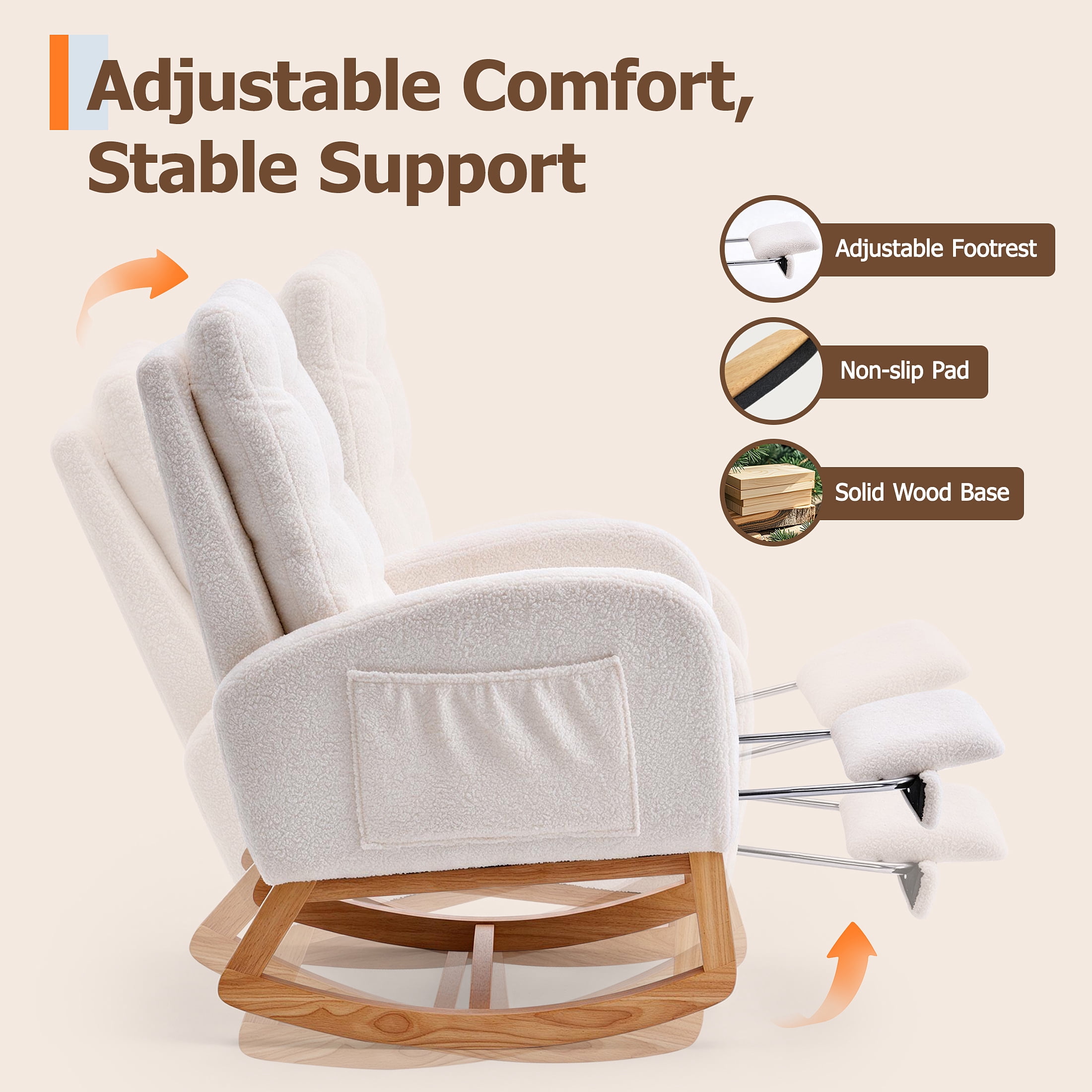 UHOMEPRO Upgraded Rocking Chair for Nursery, Modern Teddy Glider Rocker Chair with Footrest, High Backrest, Solid Wood Frame, Cream