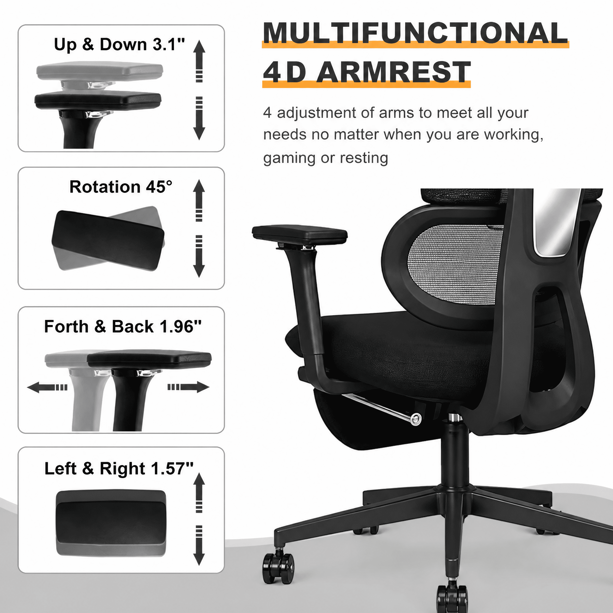 Ergonomic High Back Mesh Office Chair with Retractable Footrest, 2D Headrest & 4D Armrest, 90°-135° Reclining Sponge Cushion Computer Desk Chair