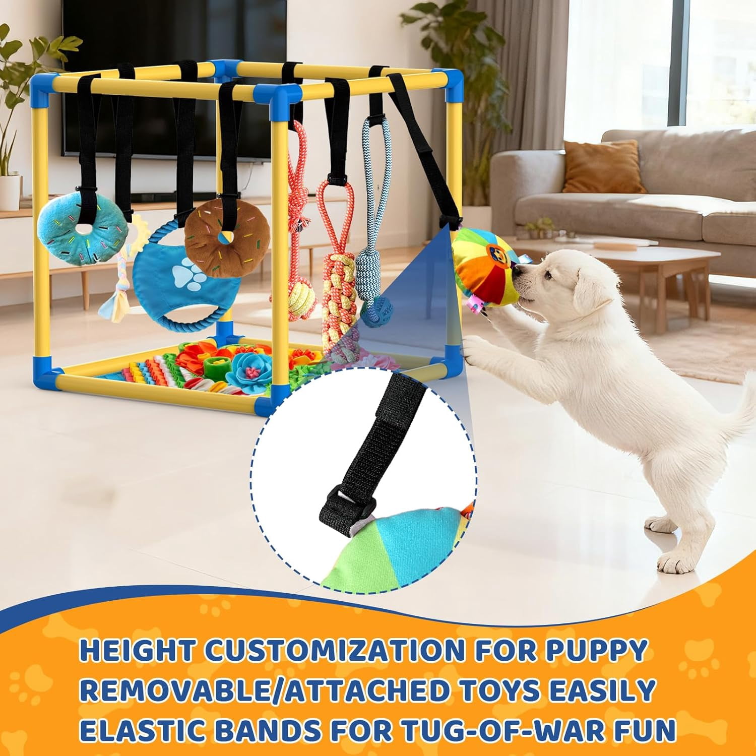 Play Gym for Small Dogs with PVC Frame, 10 Hanging Toys & Stretchy Ropes for Indoor Enrichment Activity