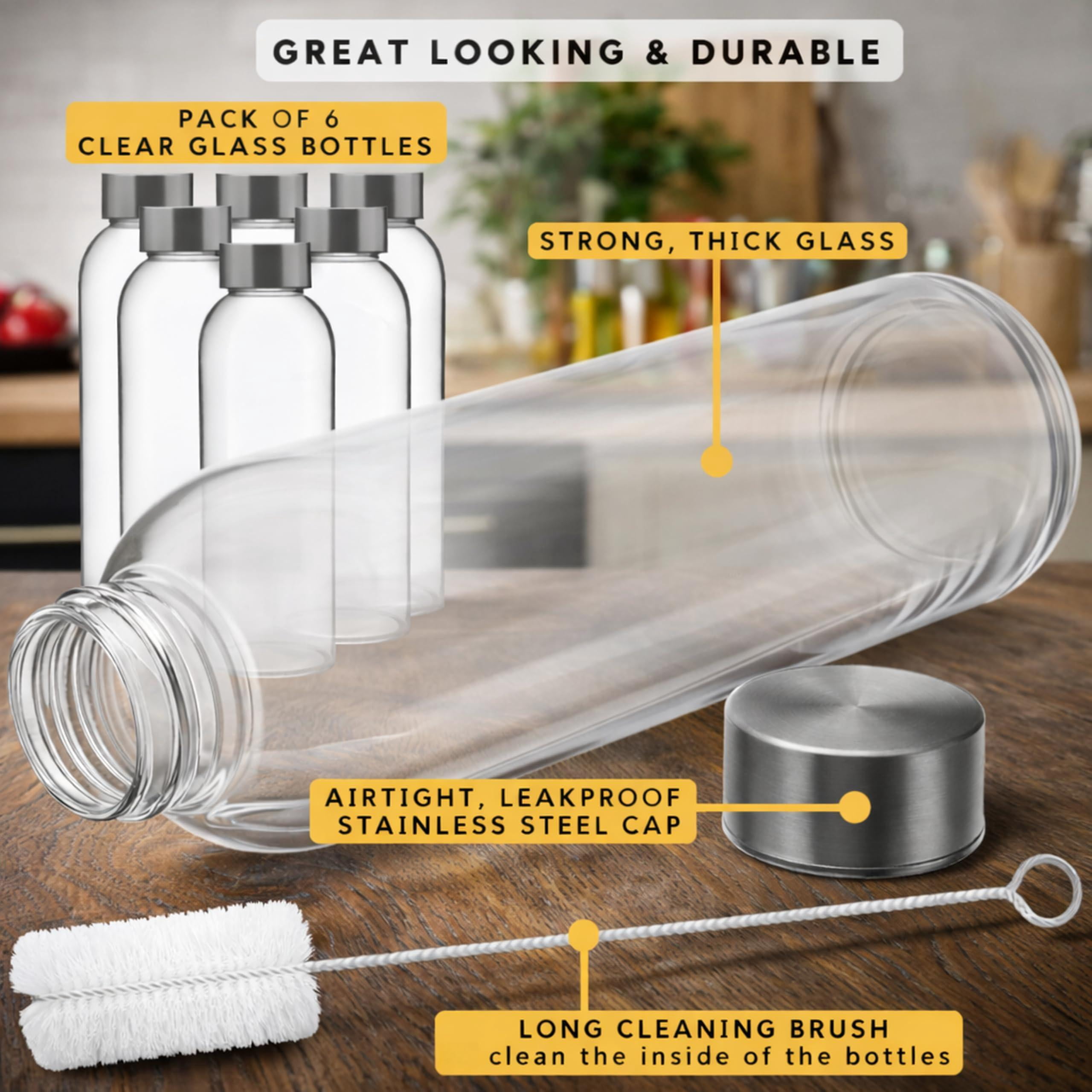 18 Oz Soda Lime Glass Water Bottles 6 Pack with Lids and Cleaning Brush