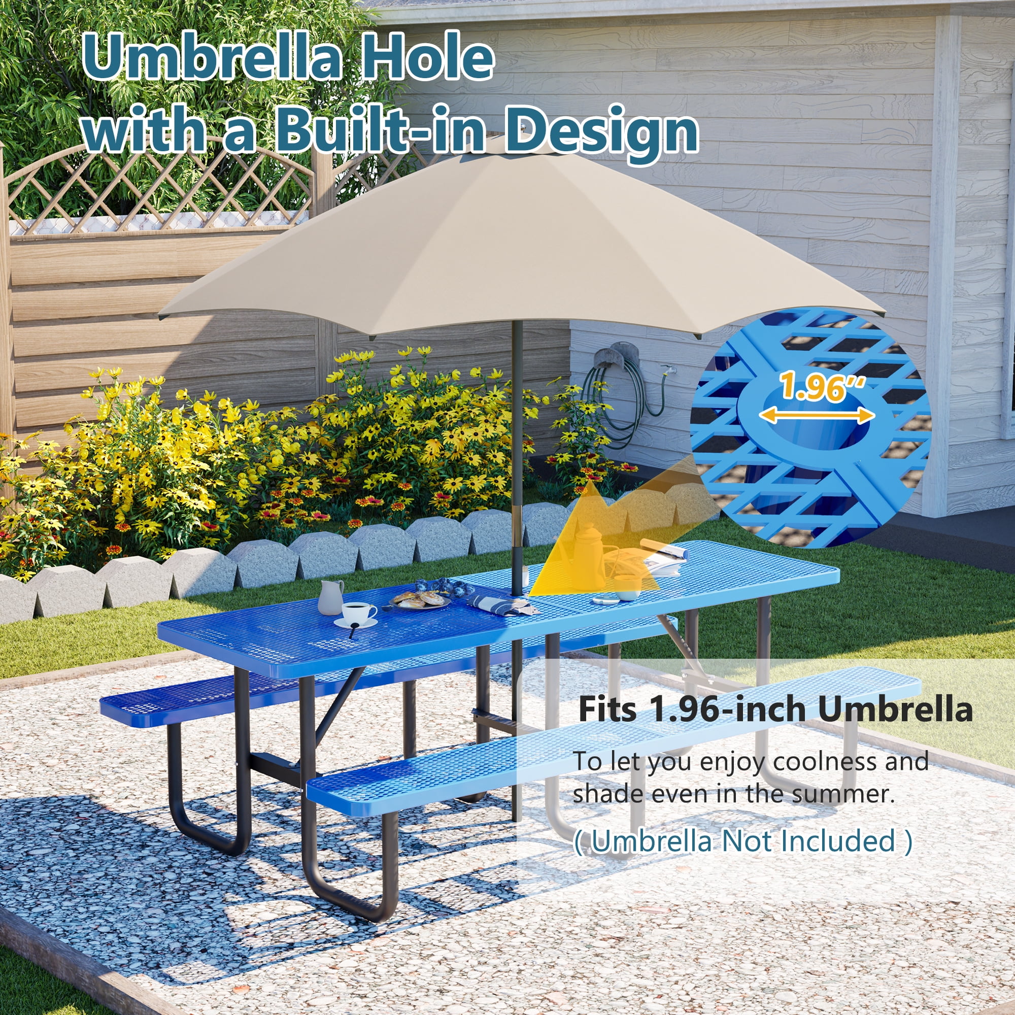 Outdoor Picnic Table Bench Set for 10-Person,All Weather Metal Patio Dining Furniture with Umbrella Hole & 2 Benches for Backyard,Picnic,Camping,Blue