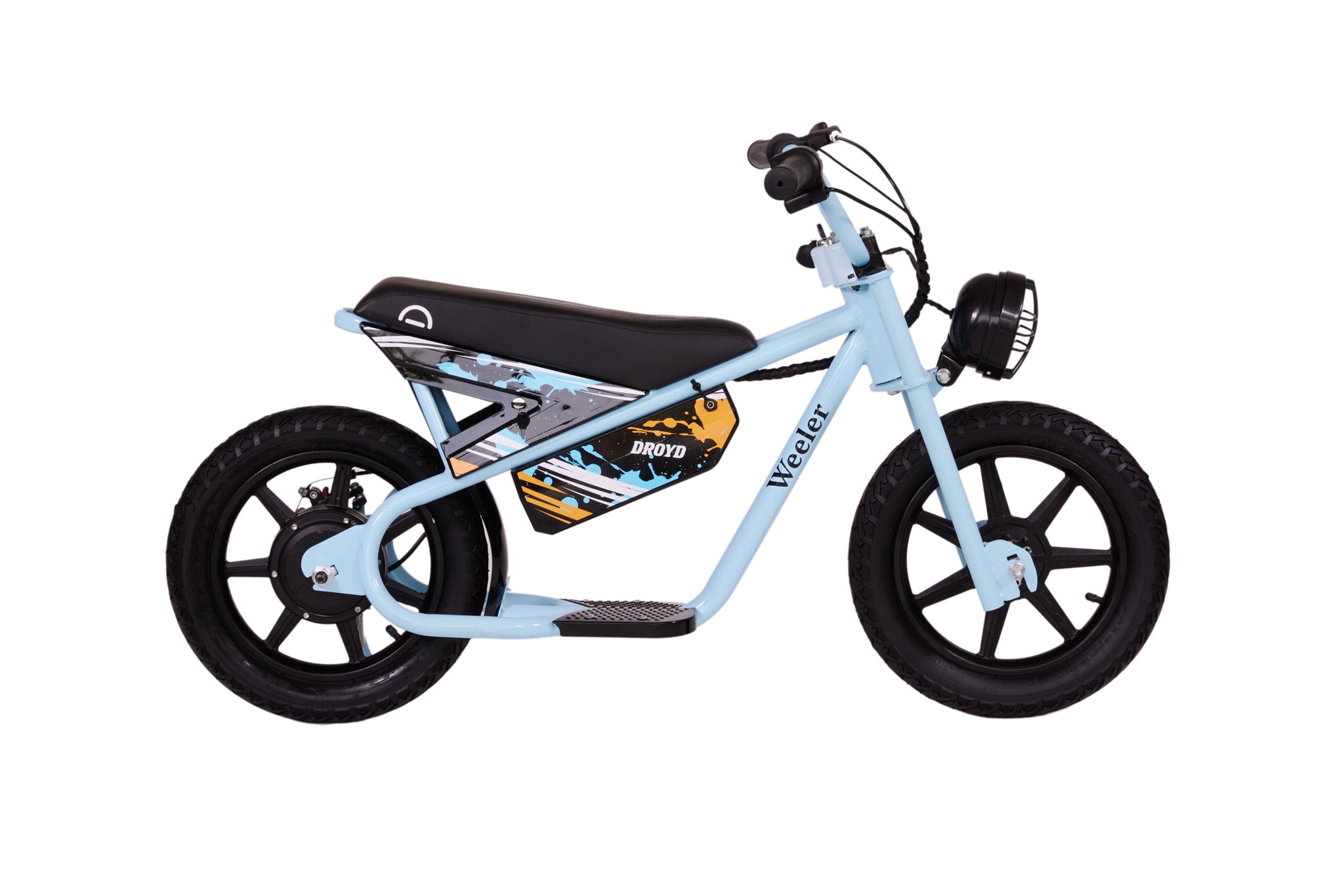 Droyd Weeler Electric Mini Bike - 24V 8Ah Battery, 6-10 MPH, Up to 8 Miles, LED Lights, Kids Ages 6+ - Blue