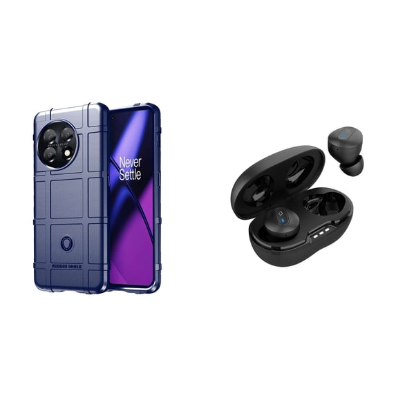 BD Rugged Shield Designed for OnePlus 11 5G Case - (Dark Navy Blue) Impact Resistant Flexible Armor Case with Noise-Cancelling Wireless Earbuds with Charging Case