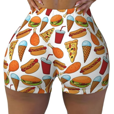 Xecao Hot Dog Burger Print Workout Shorts for Women Soft Smooth Gym Yoga Scrunch Active Tennis Workout Running Shorts