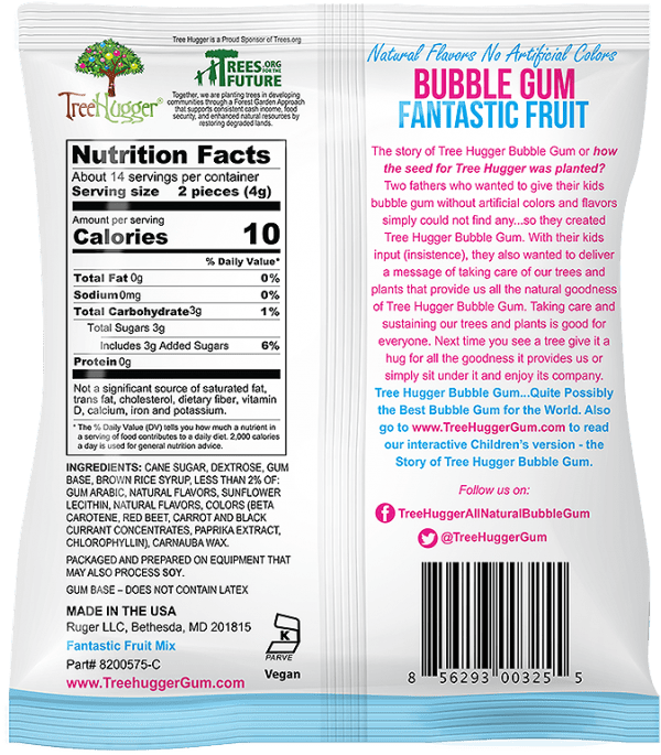 Pack of 12, Tree Hugger Fantastic Fruit Bubble Gum, 2 oz