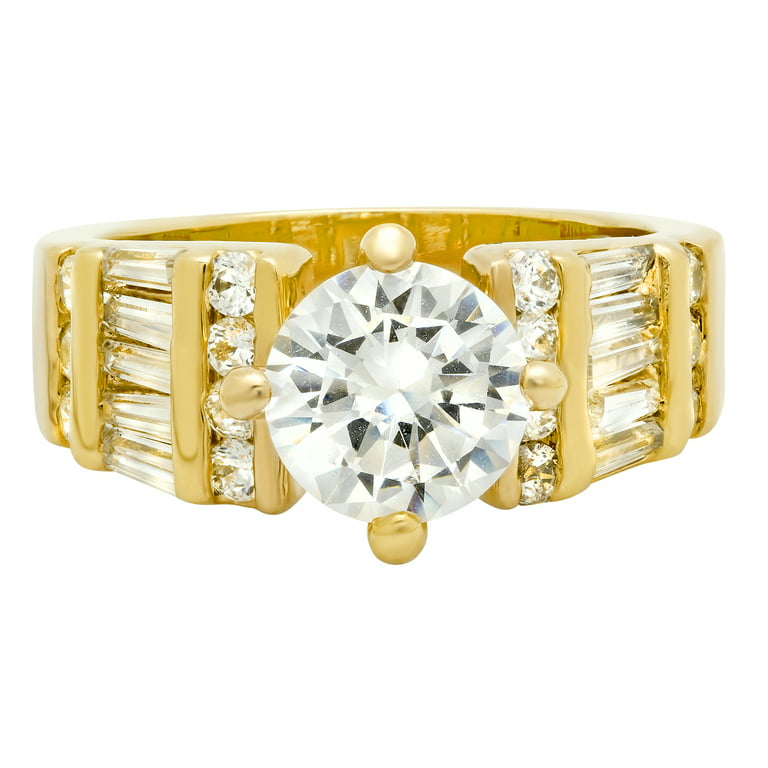 8mm Gold Plated Round CZ Solitaire Ring w/Baguette & Round CZs