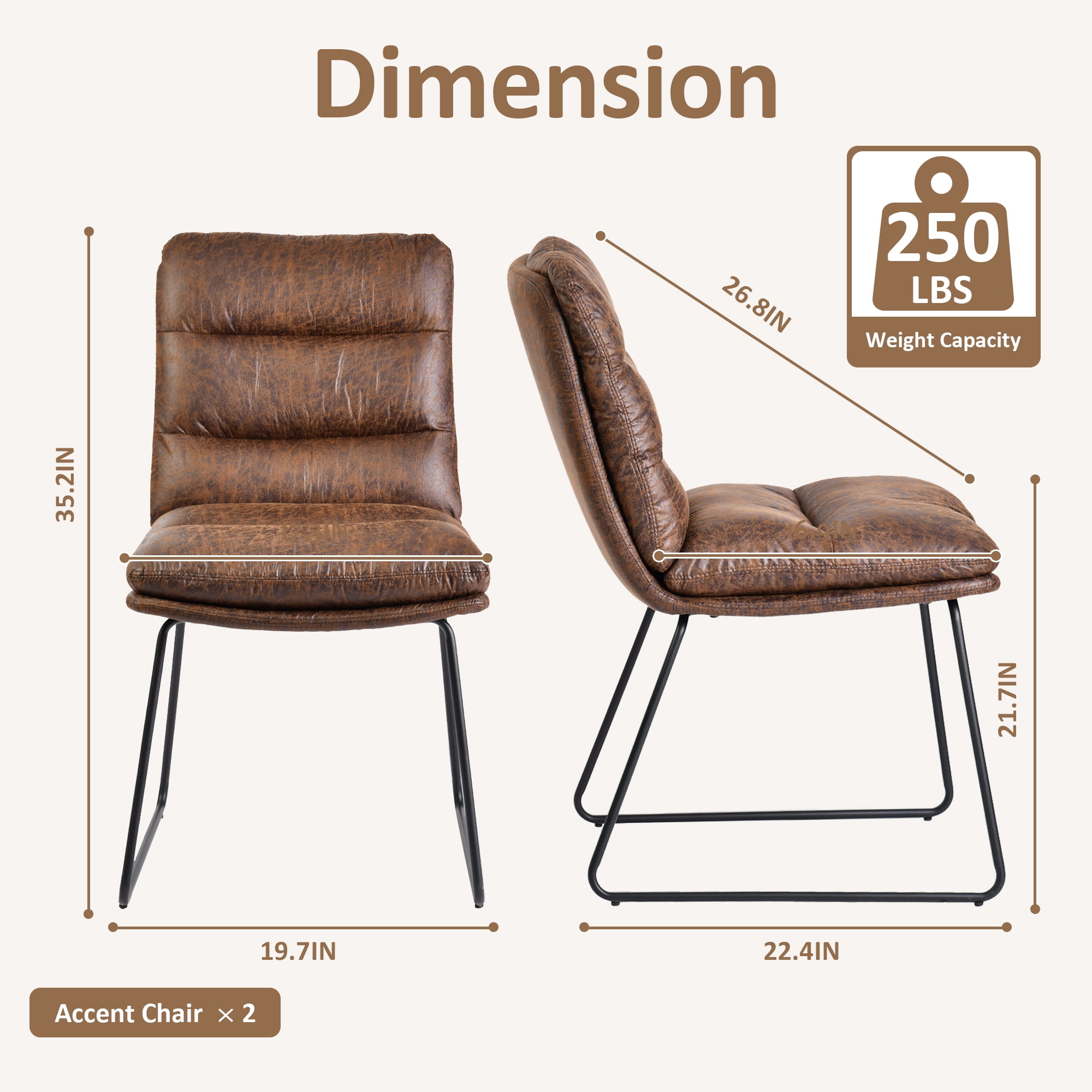 Homy Casa Lot de 2 chaises d'appoint capitonnées en similicuir avec base traîneau pour entrée, salon, marron