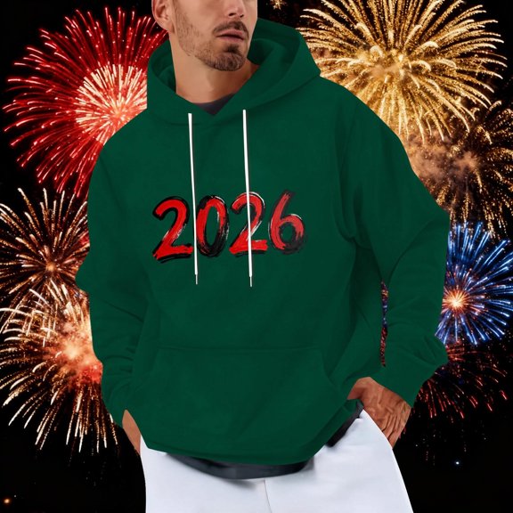 NTACZA Pullover Mens Big and Tall Hoodies Graphic New Years Green Sweatshirts Holiday Hooded Drawstring Men's Sweatshirt L