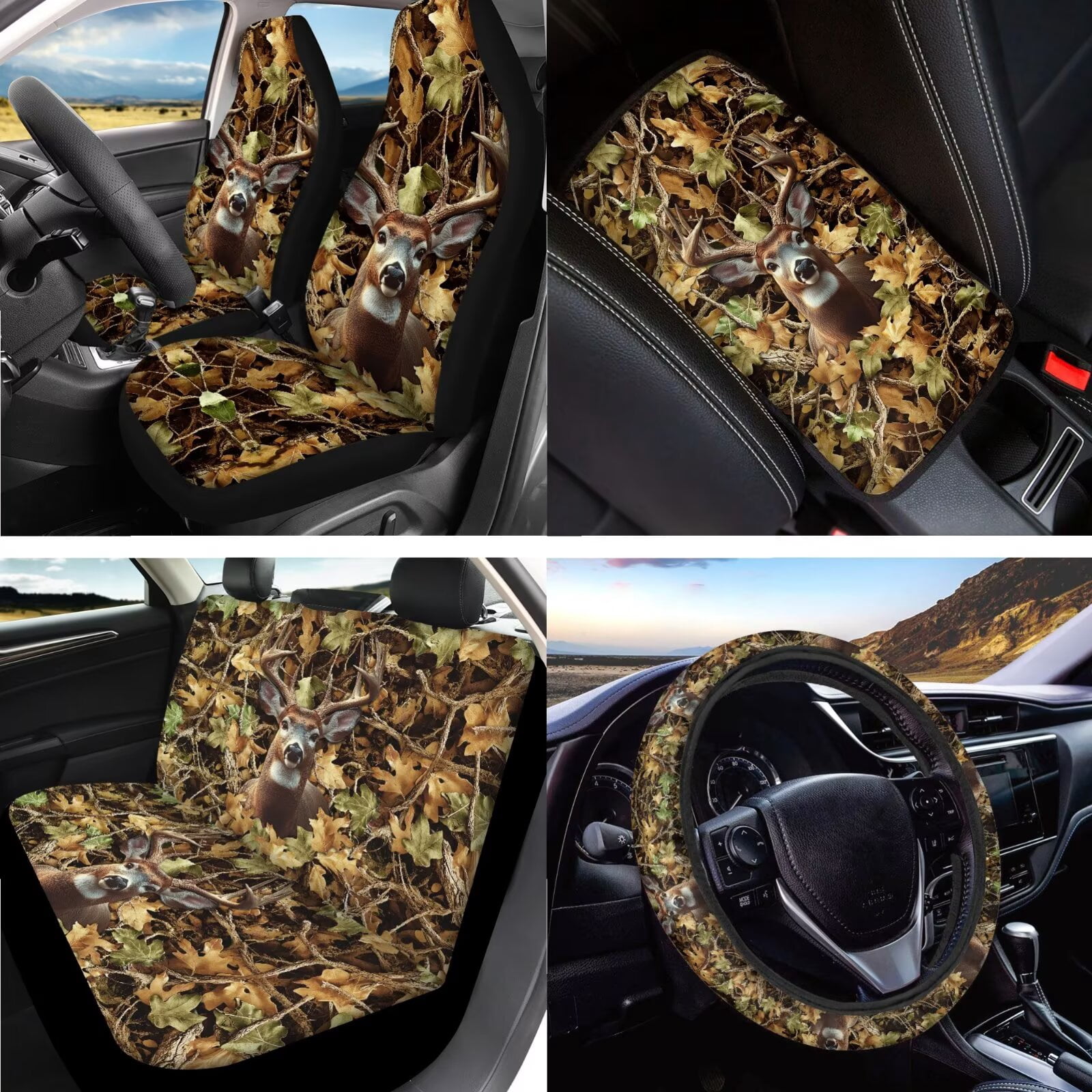 LedBack Deer Hunting Print Auto Seat Covers Full Set Non Slip Automotive Steering Wheel Covers Auto Seatbelt Pads Lipstick Holder Keychain Breathable Headrest Covers for Car Interior Decor