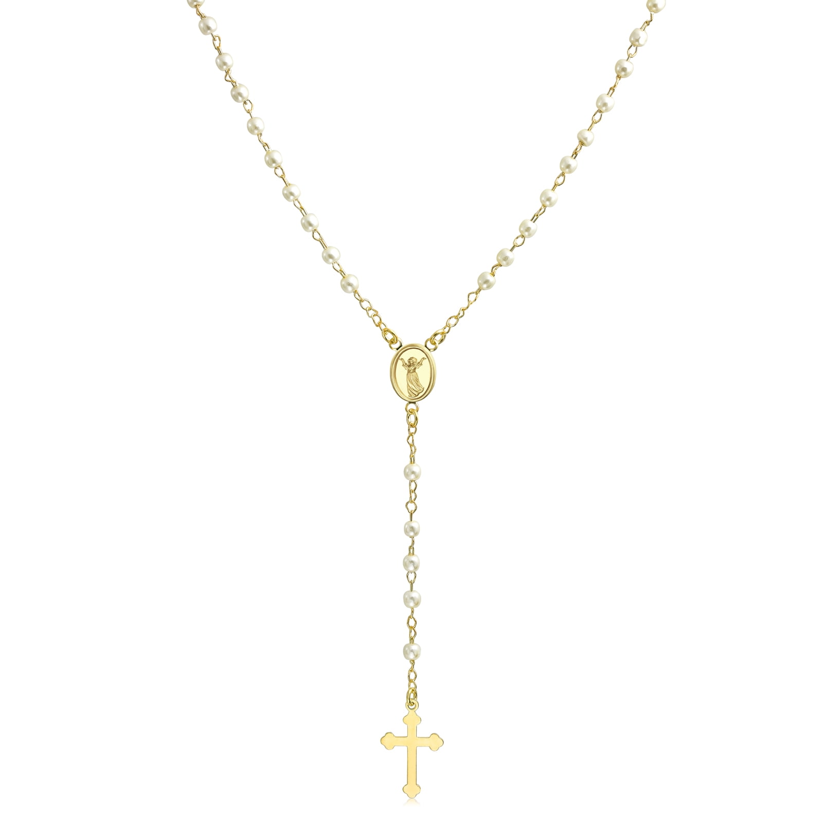 Gold Filled White Simulated Pearl Cross Rosary Necklace 18in