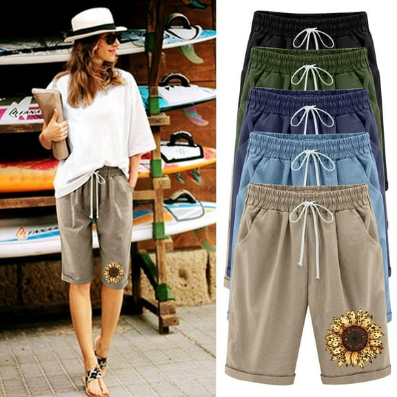 POROPL Women Shorts Summer Elastic Waist Casual Shorts with Pockets Print Short