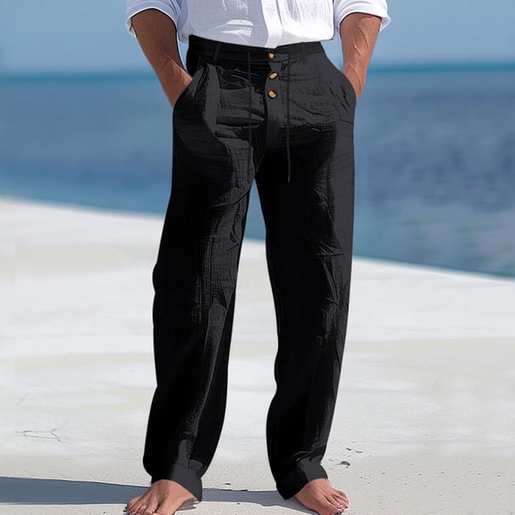 Domuza Men's Linen Pants Lightweight Drawstring Elastic Waist Pockets Loose Fit Straight Legs Summer Beach Yoga with Pockets Black 3XL