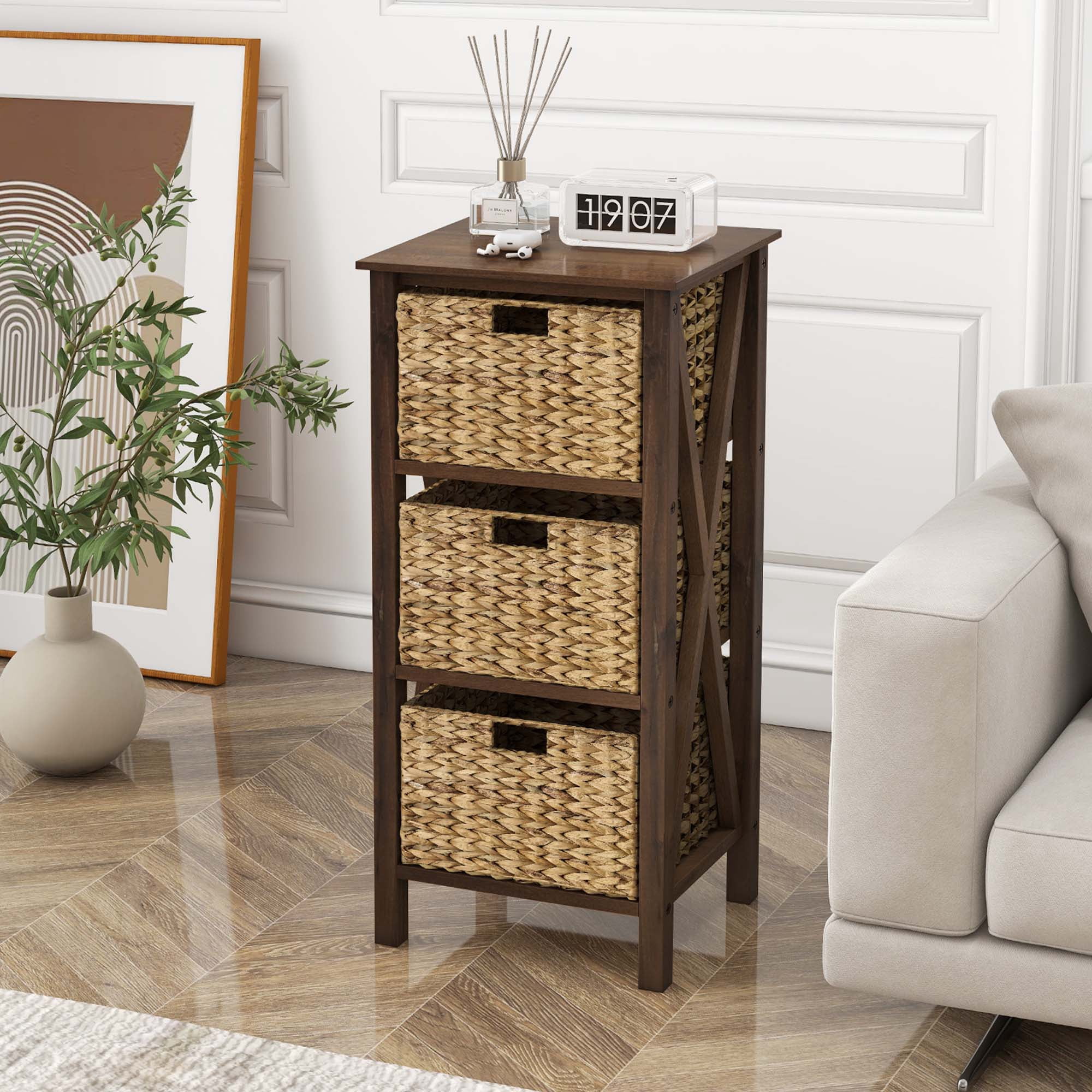 Costway 2 PCS 3-Tier Nightstand with 3 Seagrass Baskets Rubber Wood X-Shaped Frames 3 Drawers