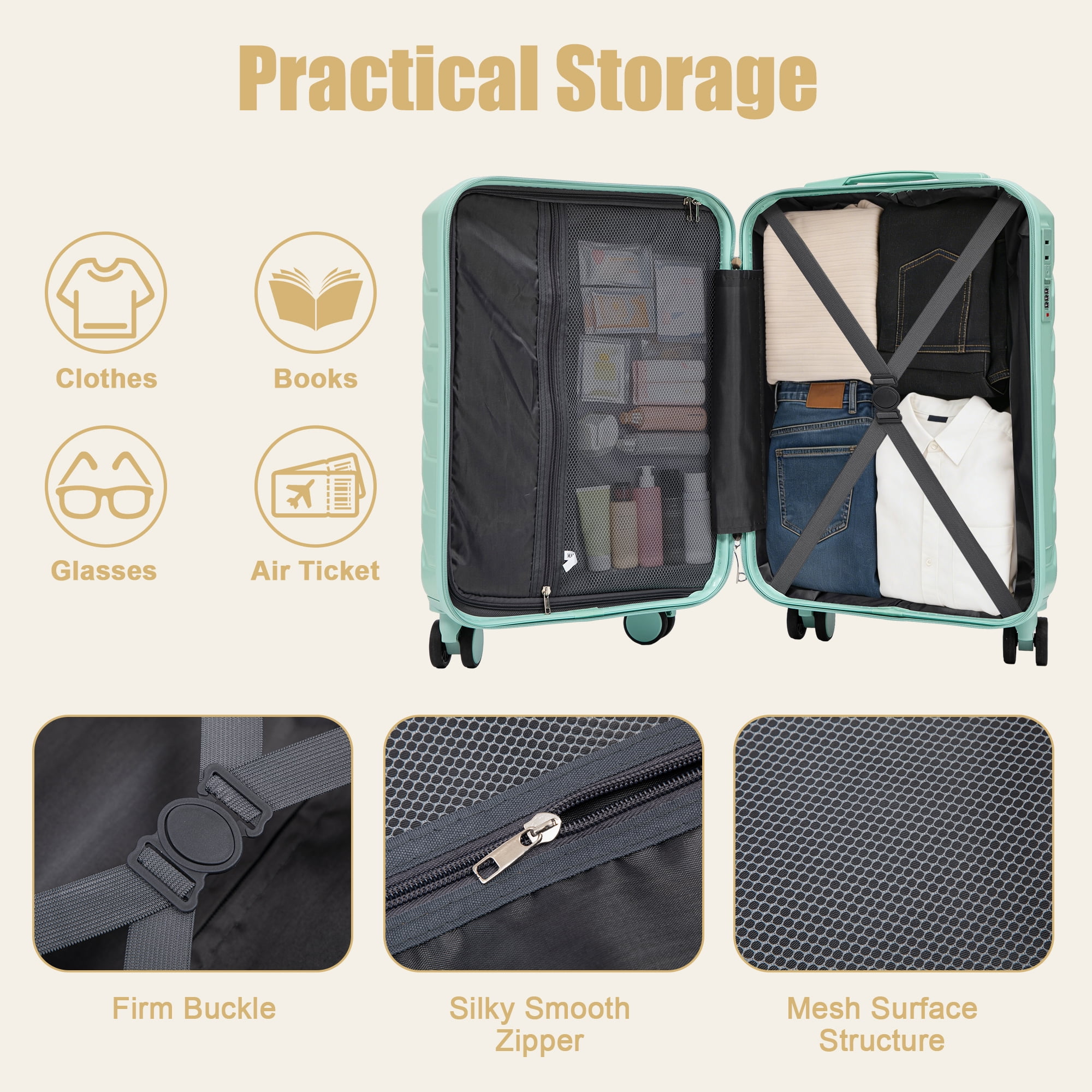 Alvantor 20inch Luggage, ABS Scratch Resistant Checked Suitcase with 4 Spinner Wheels and Lock, Mint Green