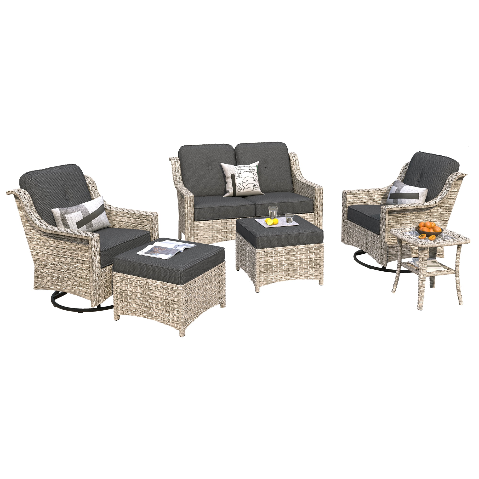 Ovios 6 Pieces Patio Furniture Set All-Weather Outdoor Sectional Patio Sofa Wicker Rattan Conversation Set with Swivel Rocking Chairs for Backyard