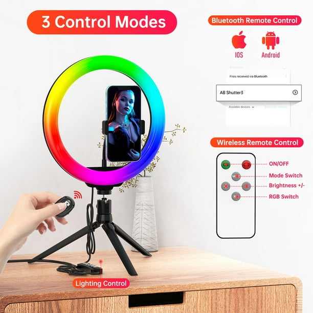 10'' LED RGB Selfie Light with Tripod Stand Phone Holder Remote Control - Dimmable Desk Makeup Ring Light with 29 Light Modes & 12 Brightness Level for Photography/Shooting/Live Streaming -