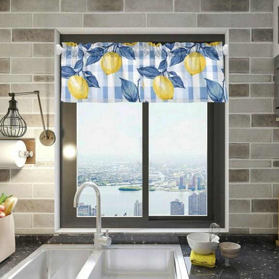 Yayeee Kitchen Valance Rod Pocket 54" x 18" Living Room Window Curtain, Light Blue Lemon