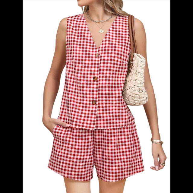 Traje Corto de Dos Piezas para Mujer, de , A Cuadros, con Chaleco Rojo, Talla S