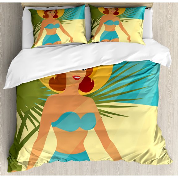 Pin up Girl Queen Size Duvet Cover Set, 1950s Style Woman Wearing Strapless Blue Bikini and a Hat in an Exotic Beach, Decorative 3 Piece Bedding Set with 2 Pillow Shams, Multicolor, by Ambesonne
