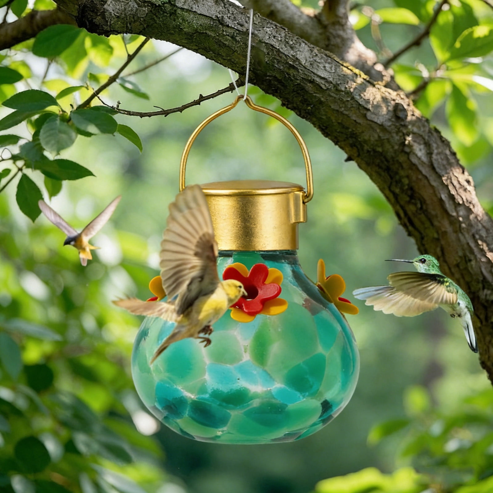 Solar Humming Bird Feeders For Outdoors Solar Lighted Hummingbirds Feeder Automatic Unit Patio Hanging Outdoor Decoration for Outside Outdoors Attracting Birds