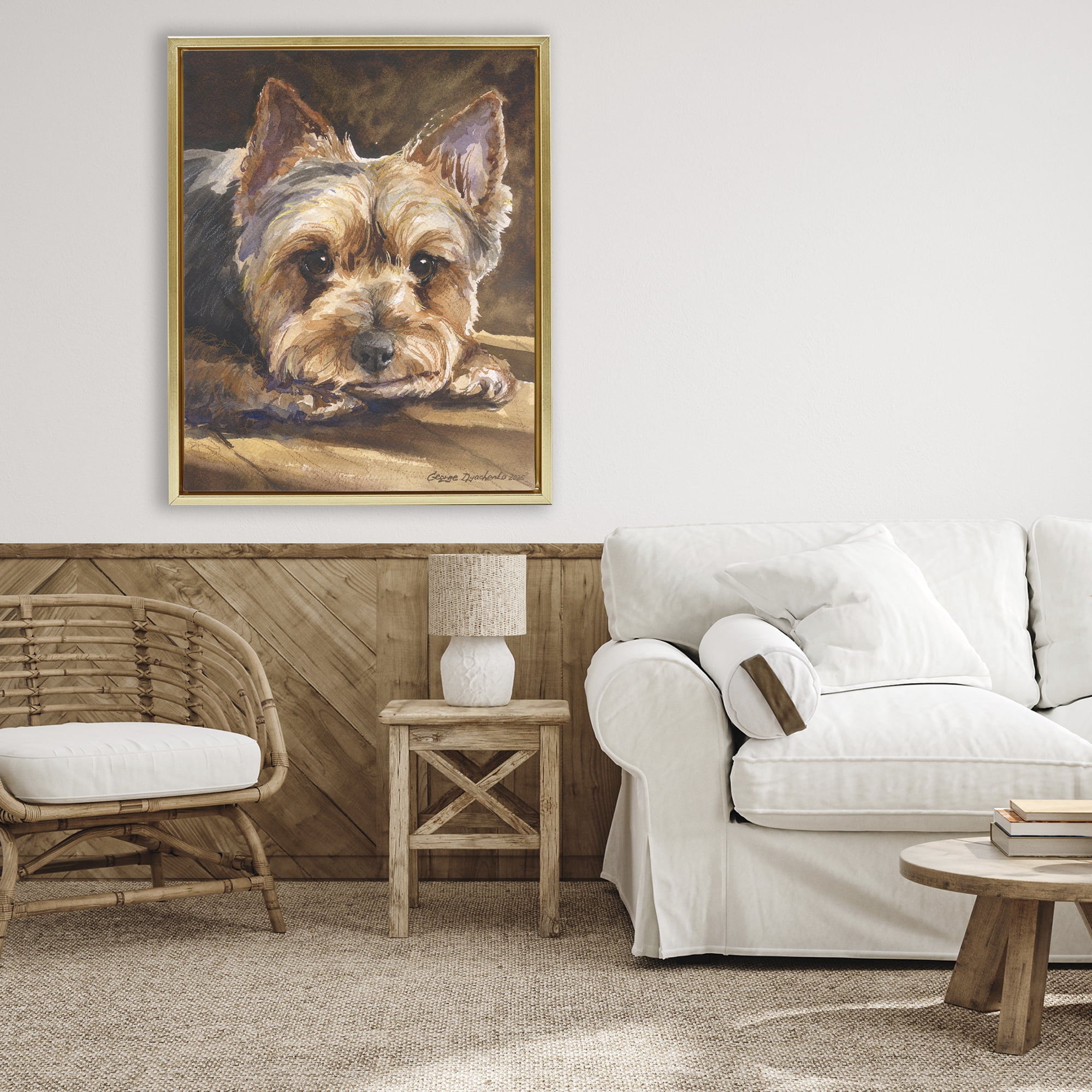 Stupell Industries Yorkshire Terrier Portrait Gold Framed Floater Canvas Wall Art, design by George Dyachenko