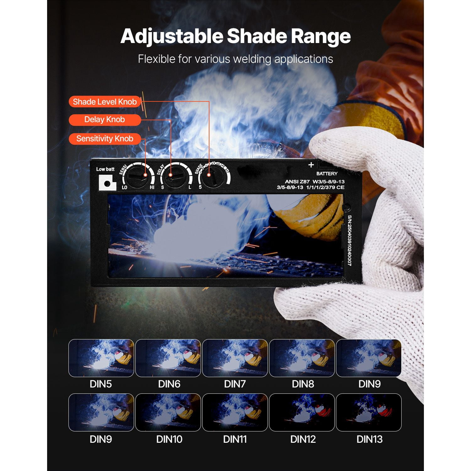 Auto Darkening Welding Lens Adjustable Shade 5-13, Solar Powered Variable Shade Welding Helmet Filter, for MIG TIG ARC Multi-Process Welding