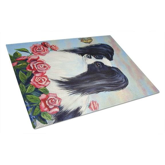 Carolines Treasures 7040LCB Black and White Papillon in Roses Glass Cutting Board Large, 12H x 16W, multicolor