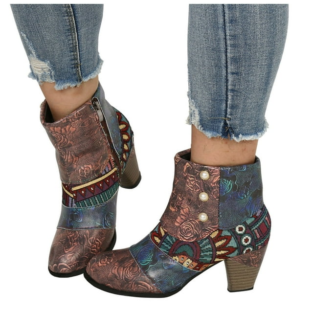 Leozcaa Bottines à Talons pour Femmes en Cuir Coloré à Bout Rond, Style Bohème, Talons Hauts Épais, Bottines Courtes Habillées