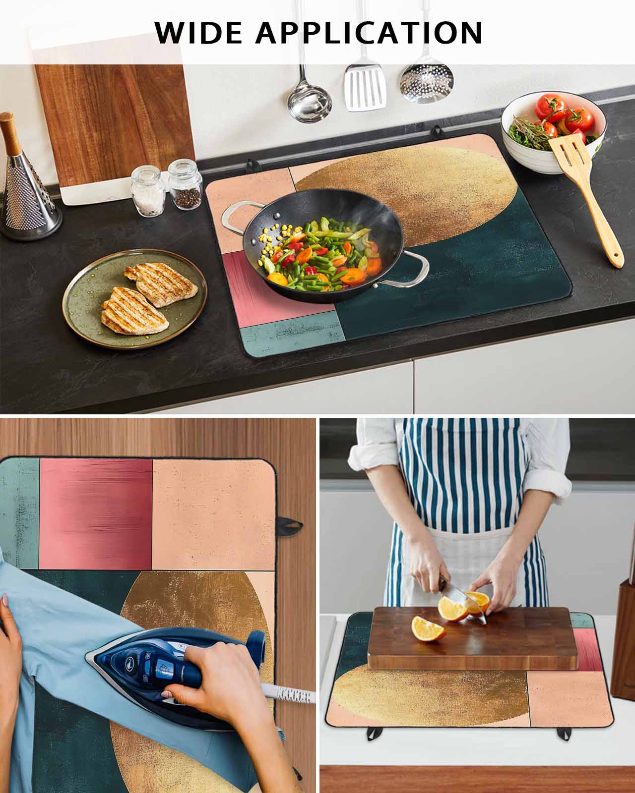 nqOlkjepod Large Induction Cooktop Protector Mat 24"x21", Boho Gold Circle Stove Top Covers for Electric Stove, Modern Geometric Color Blocks Stove Burner Cover Mats, Glass Top Stove Cover