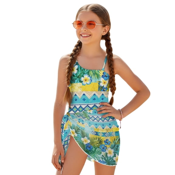 Tutolipy Tropical Flower Leaf Print Adjustable One Piece Swimsuit with Cover Up, Polyester Material Adjustable Straps Girls One Piece Swimsuits for Swimming 11-12 Years Old