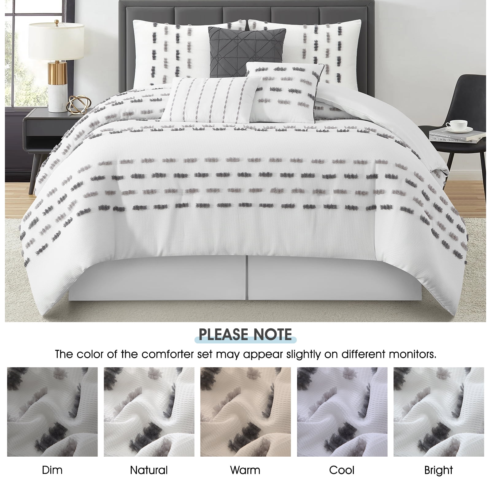 Lanco White Grey Comforter Set King Size , 7 Piece , Clip with Waffle Base Fabric Bedding Set , All Season