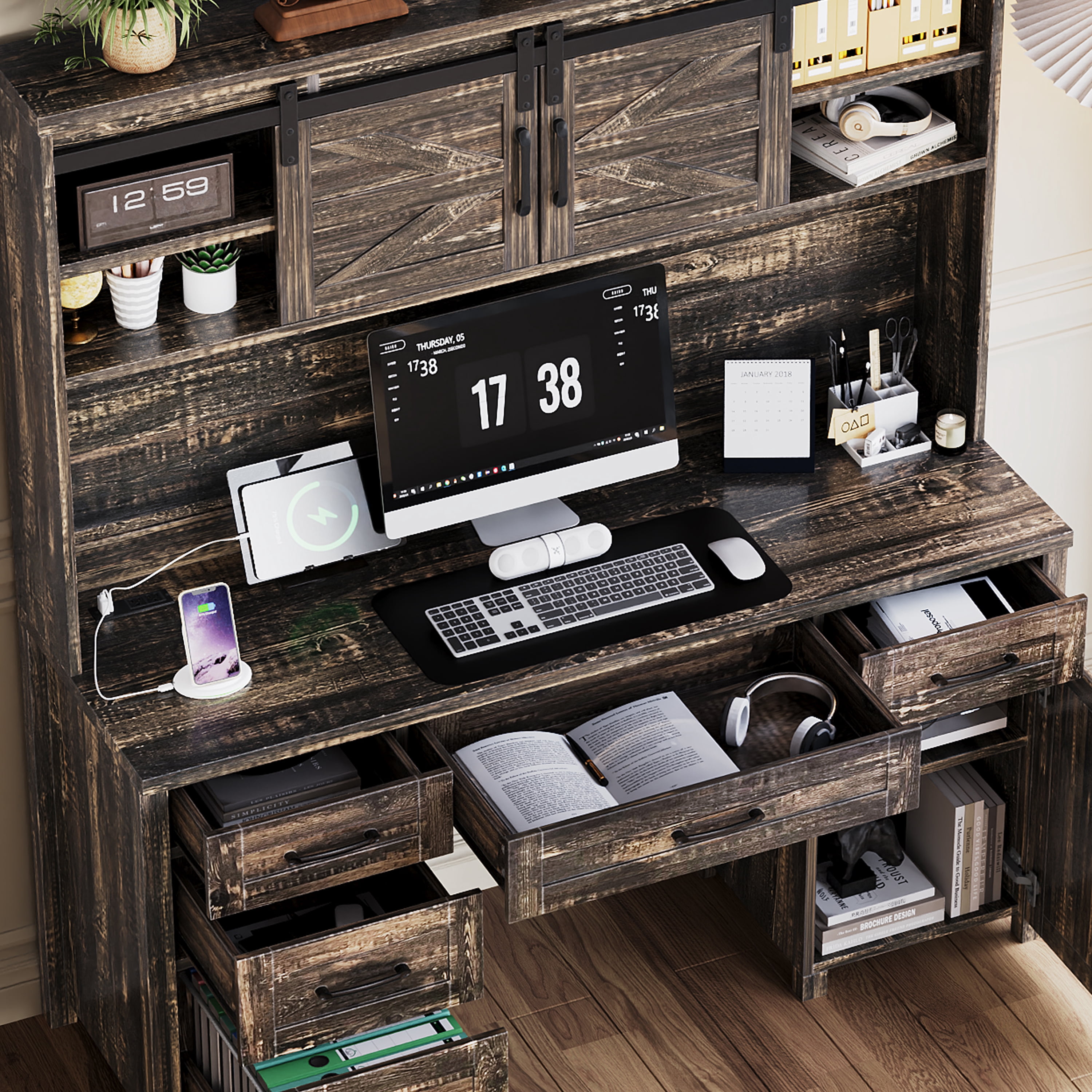 Mintazer Farmhouse Computer Desk with Storage Cabinets & Charging Station, Executive Desk with 2 Sliding Barn Doors and 5 Drawers & Adjustable Shelf for Home Office, Rustic Gray