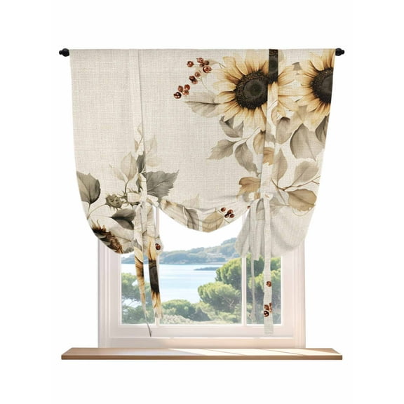 Farmhouse Sunflowers Tie Up Curtains for Windows 45 Inch Length Balloon Curtains Kitchen Adjustable Balloon Window Shade Vintage Watercolor Flowers Floral Tie Up Bathroom Curtain Window 42"x45"