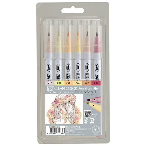 Zig Clean Color Real Brush Markers 6 Colors Set Pale Colors Ⅰ