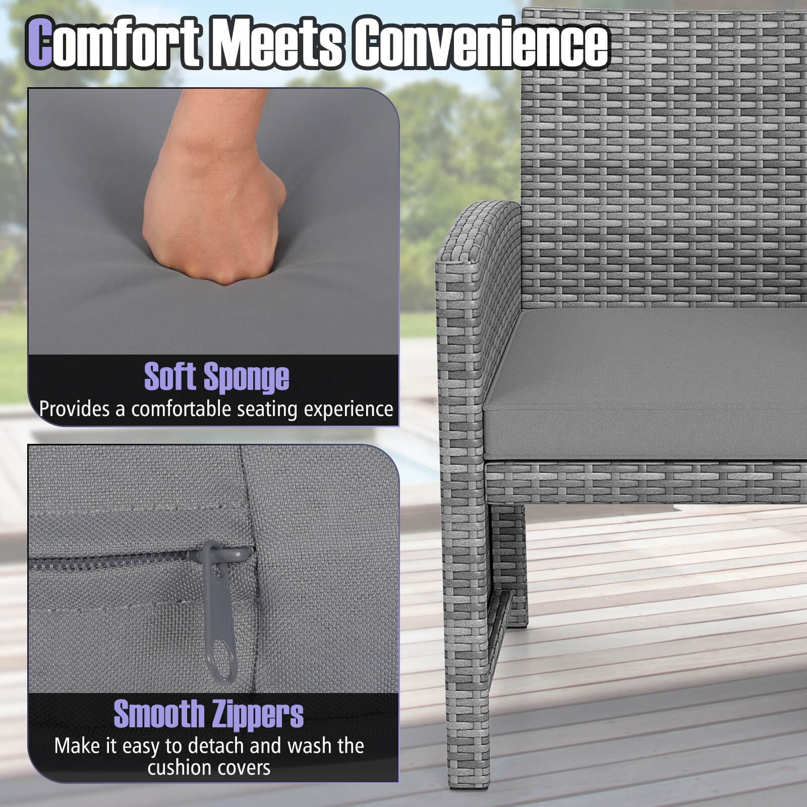 Costway 3 PCS Patio Furniture Set with Tempered Glass Coffee Table & Soft Seat Cushions Gray
