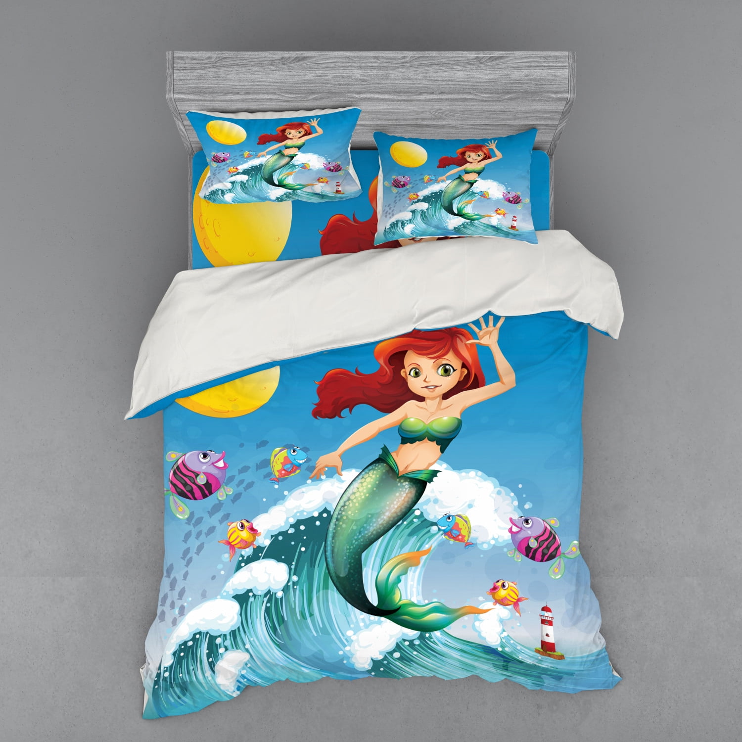 Twin Size Soft Comfortable Top Sheet Decorative Bedding 1 Piece Multicolor Illustration Little Girl on top of a Big Wave in The Surf Fish Kids Ambesonne Mermaid Flat Sheet