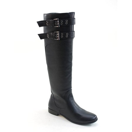 Double Buckles Knee High Low Heel Riding Women's Vegan Boots - 5.5