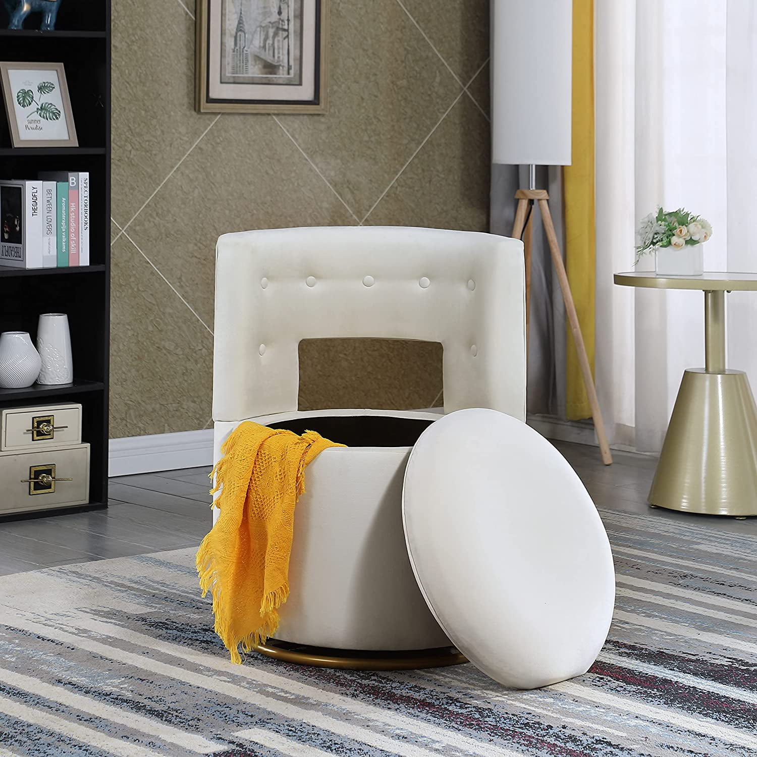 Swivel Accent Chair with Storage, Velvet Upholstery and Gold Metal Base