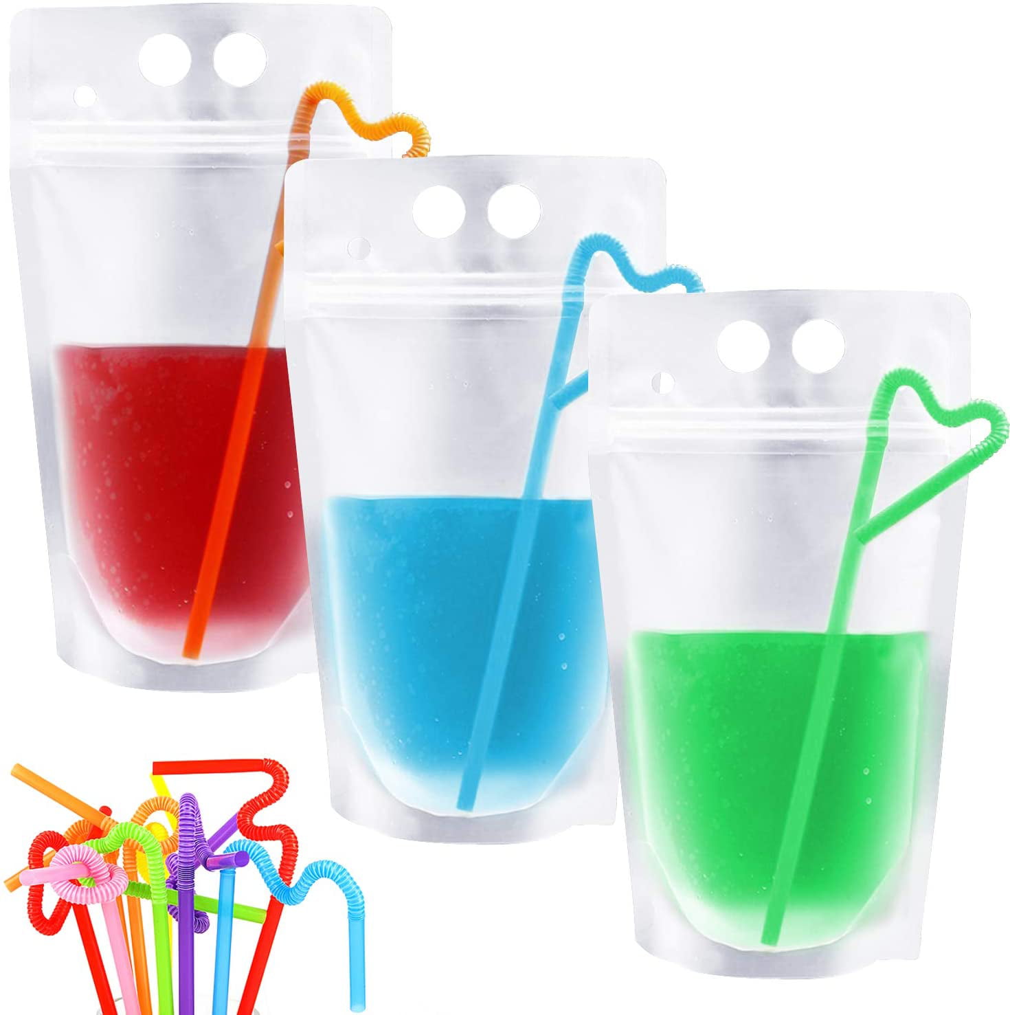 Non-Toxic for Smoothie Heavy Duty Hand-Held Translucent Reclosable Ice Drink Pouches Bag Cold & Hot Drinks 30 PCS Stand-Up Plastic Drink Pouches Bags with 60 Drink Straws 