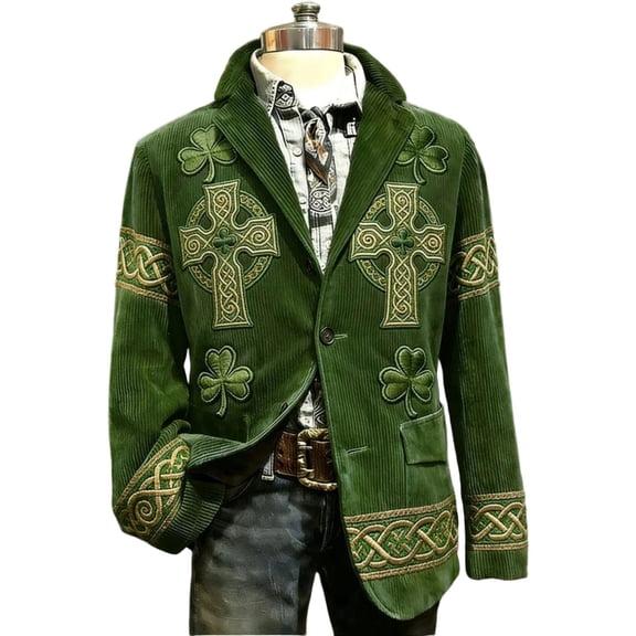 CONZONE St. Patrick's Day Mens Corduroy Blazer Casual Suit Jacket for Men Clover Embroidery Two Buttons Elegant Slim Fit Dress Jacket for Performance,Prom,Wedding