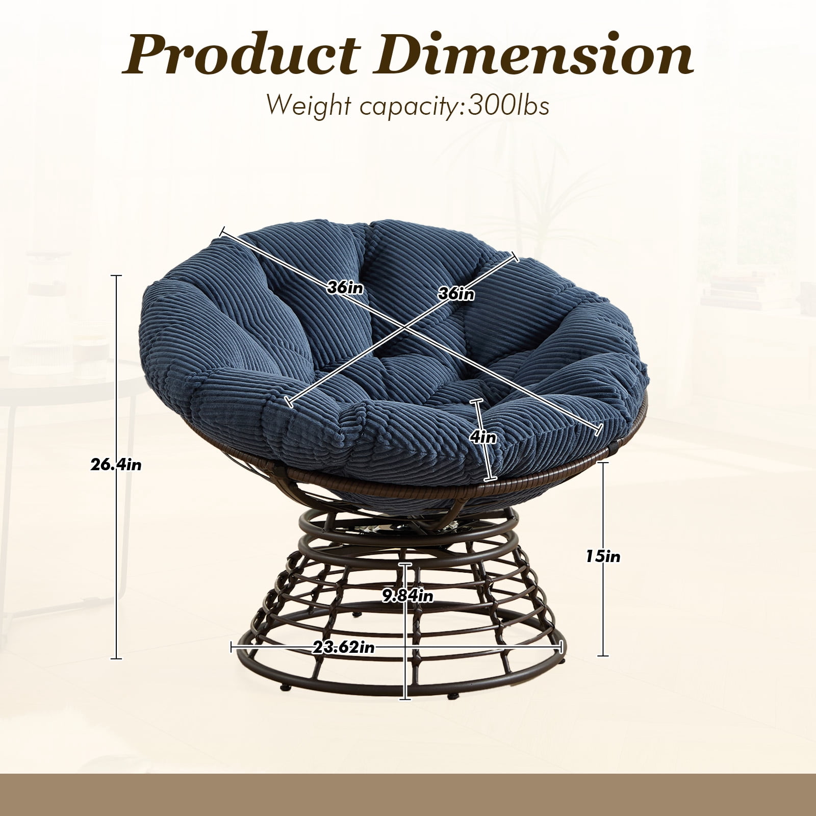 MOONMISS 360° Swivel Wicker Papasan Chair with Soft Thick Cushion for Living Room,Navy Blue