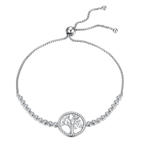 Round Tree of Life Tennis Bracelet Sterling Silver 925 Cubic Zirconia CZ Adjustable Anchor Chain 10"