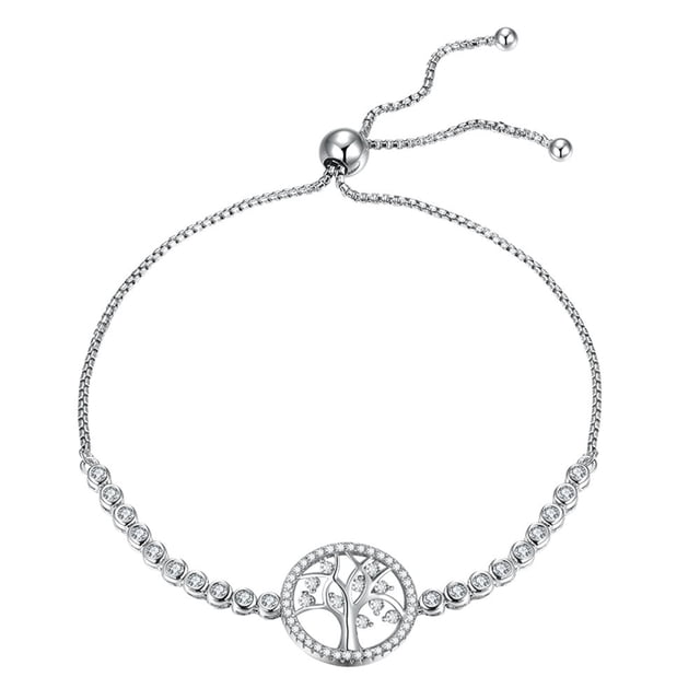 Bracelet Tennis Arbre de Vie Rond Argent Sterling 925 Zircon CZ Chaîne Ancre Réglable 10 Pouces