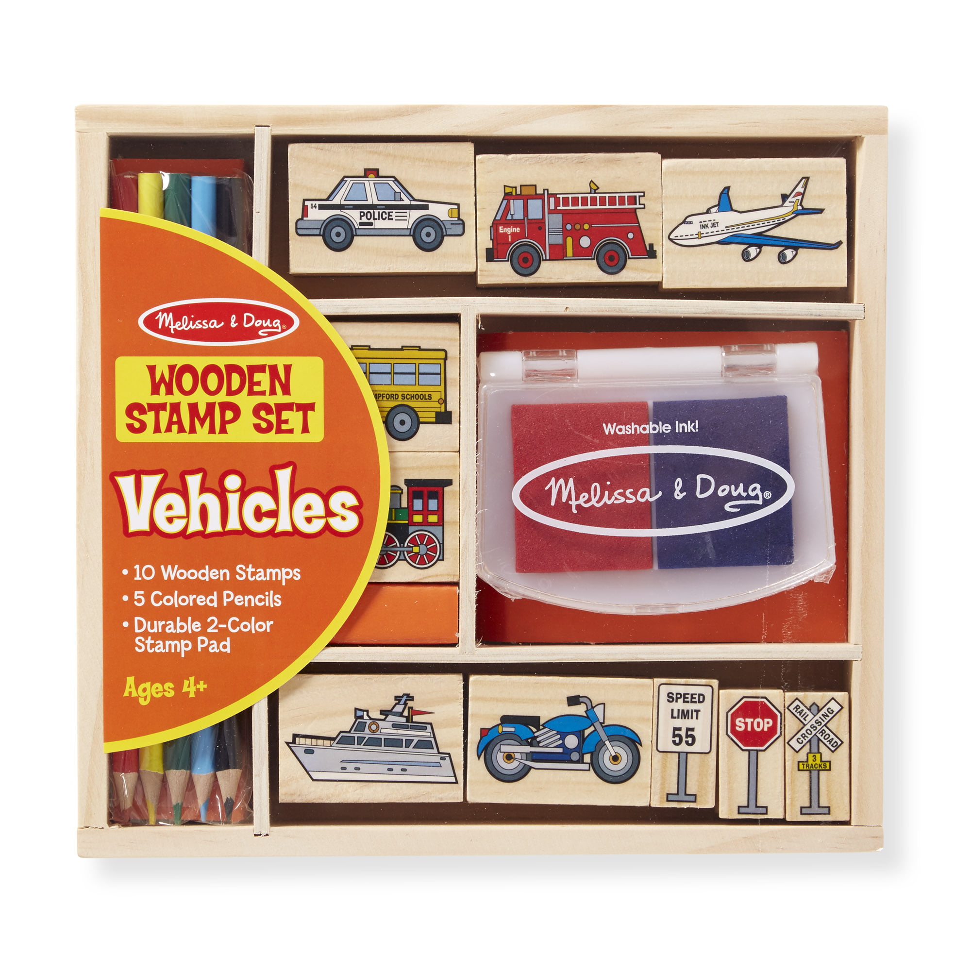 Awesome Melissa & Doug Wooden Vehicle Stamp Set 10 STAMPS 5 Colored Pencils Bx23 for sale online 