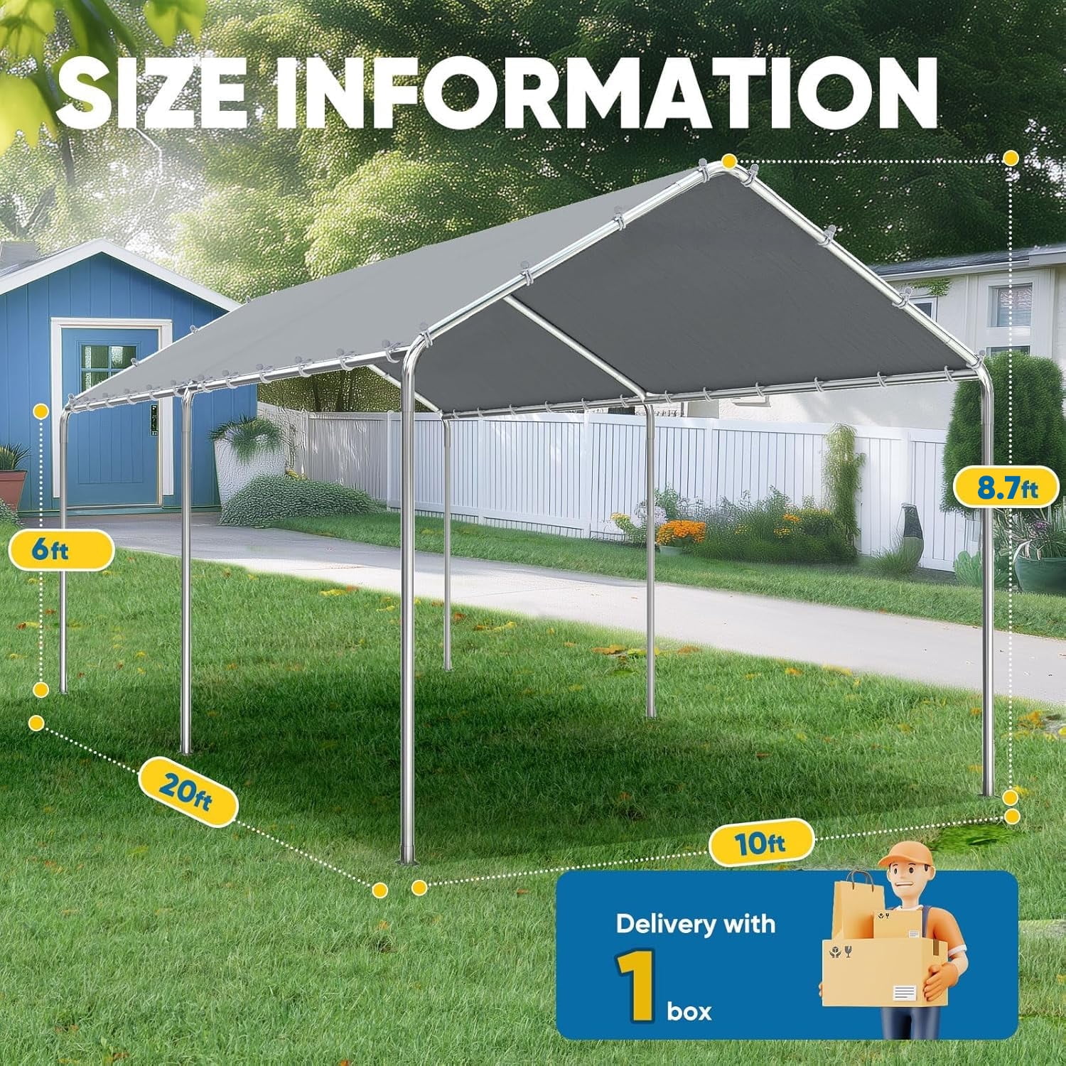 Quictent 10x20 FT Carport - Heavy Duty Steel Frame Outdoor Canopy, Portable Garage for Car/Truck/RV with Waterproof Gray Cover
