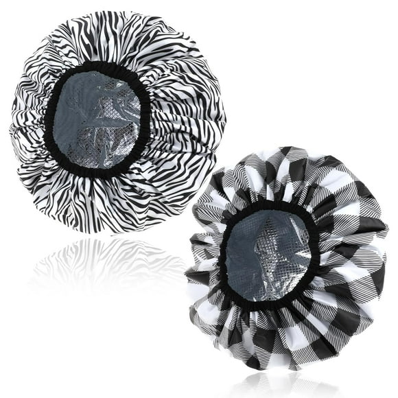 2 Pcs Double Layer Deep Conditioning Cap, Aluminum Foil Hair Heat Cap Reusable Shower Caps Steam Caps for Hair Treatments Home and Salon Use(Striped Plaid) Mixed colors