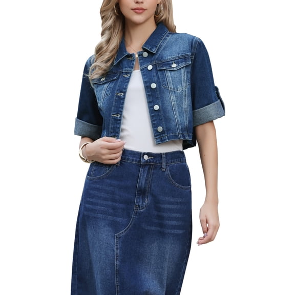 Womens Denim Jacket 2026 Casual 3/4 Sleeve Collared Button Down Crop Jean Jacket Coats XS Deep Blue
