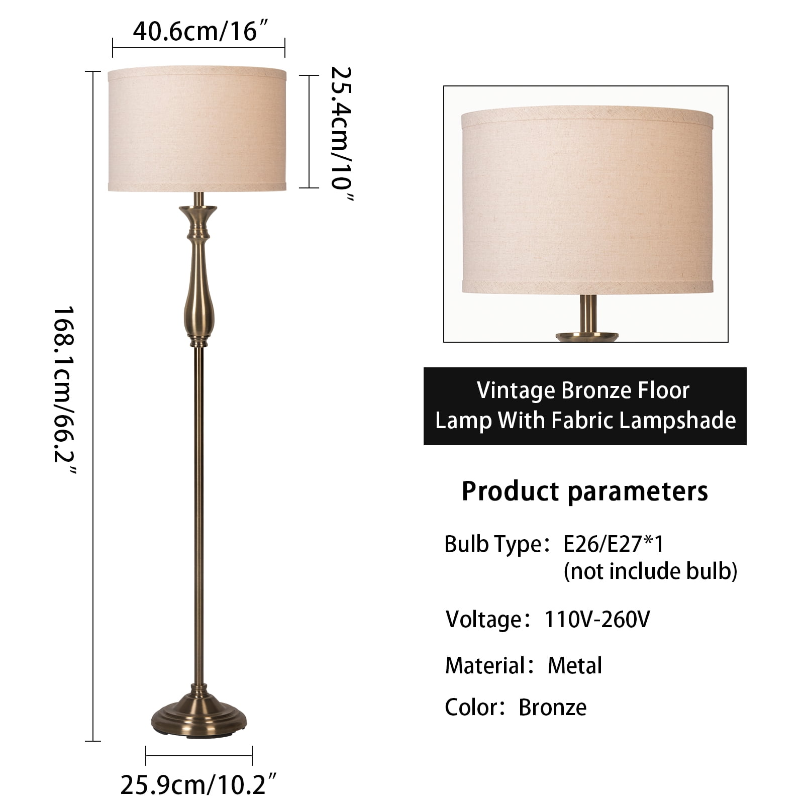 HonoDing Traditional Floor Lamp Classic Standing Lamp  Fabric Shade Rustic Upright Floor Lights Vintage Elegant(Bronze)